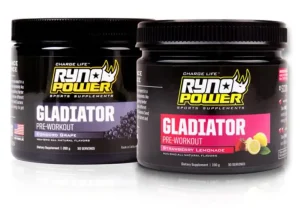 Dos envases negros de suplemento pre-entrenamiento Gladiator de la marca Ryno Power.