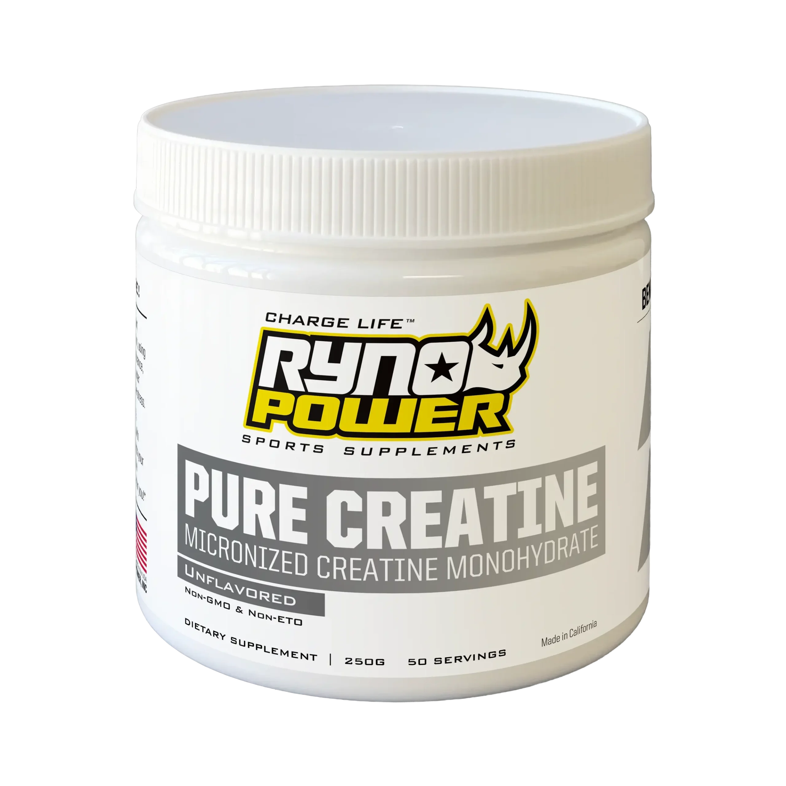 Vista frontal del envase de creatina Ryno Power PURE